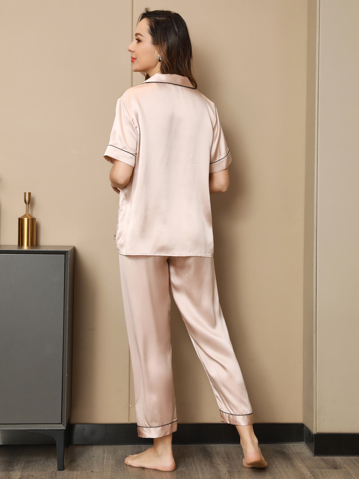Ensemble de Pyjama en Pure Soie avec Passepoil 2Pcs