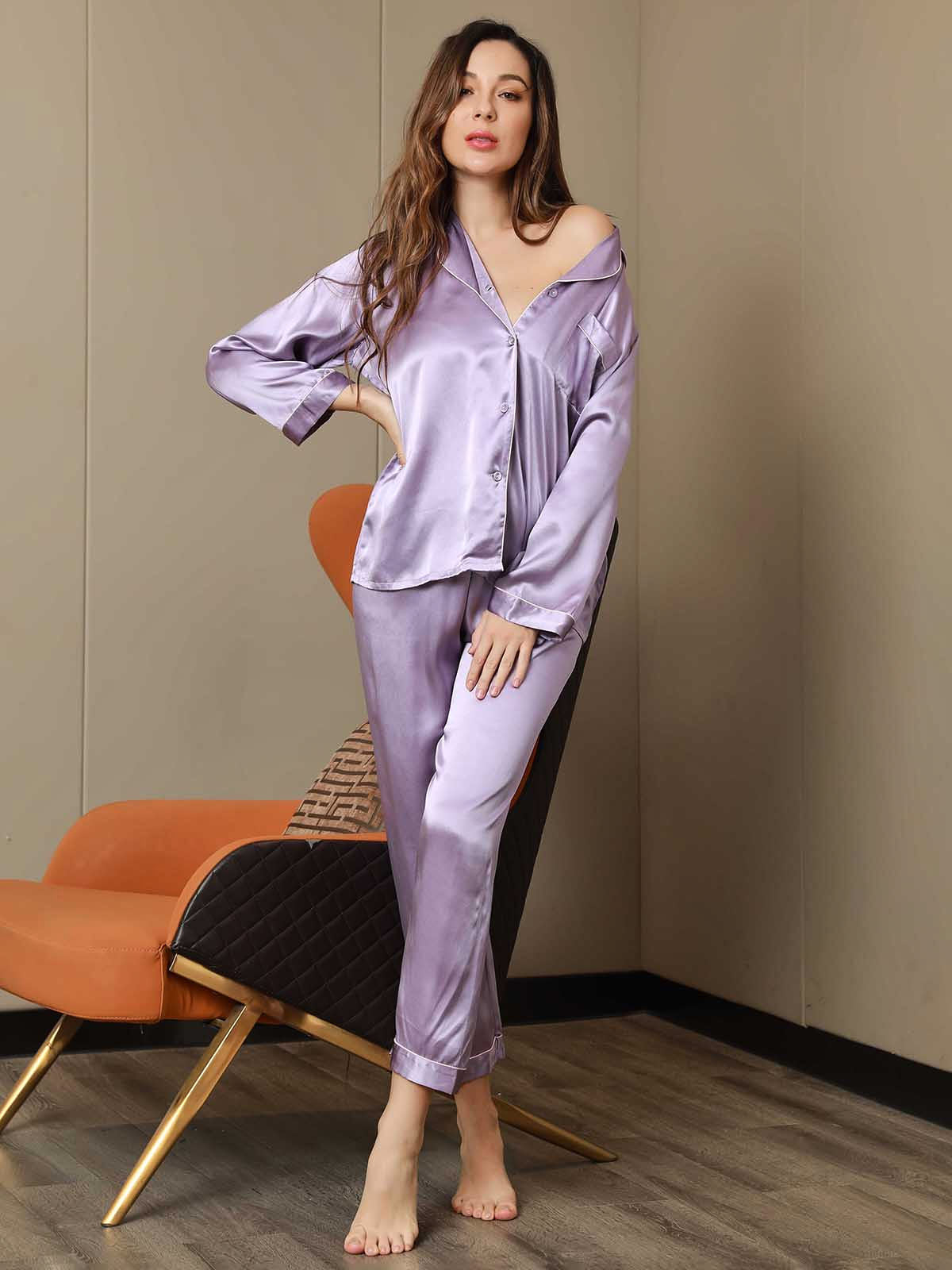 2-teiliges Damen-Pyjama-Set aus reiner Seide mit Paspelierung