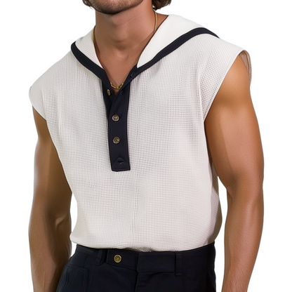 Mannen casual ademende wafelkleurenblok Henley kraag capuchon losse tanktop MTA2421F0M