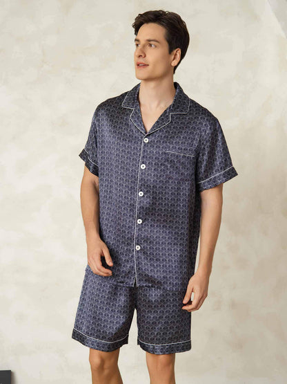 Homme Pyjamas Pure Soie Géométrique Court 2 Pièces