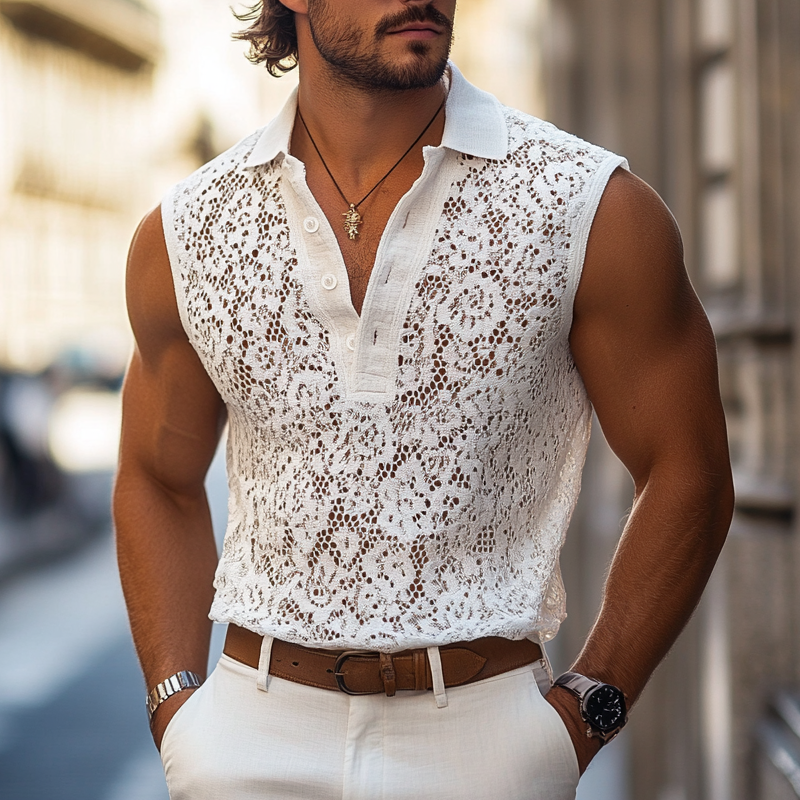 Herenmode Kanten Revers Mouwloze Casual Tanktop MTA1217E3Z