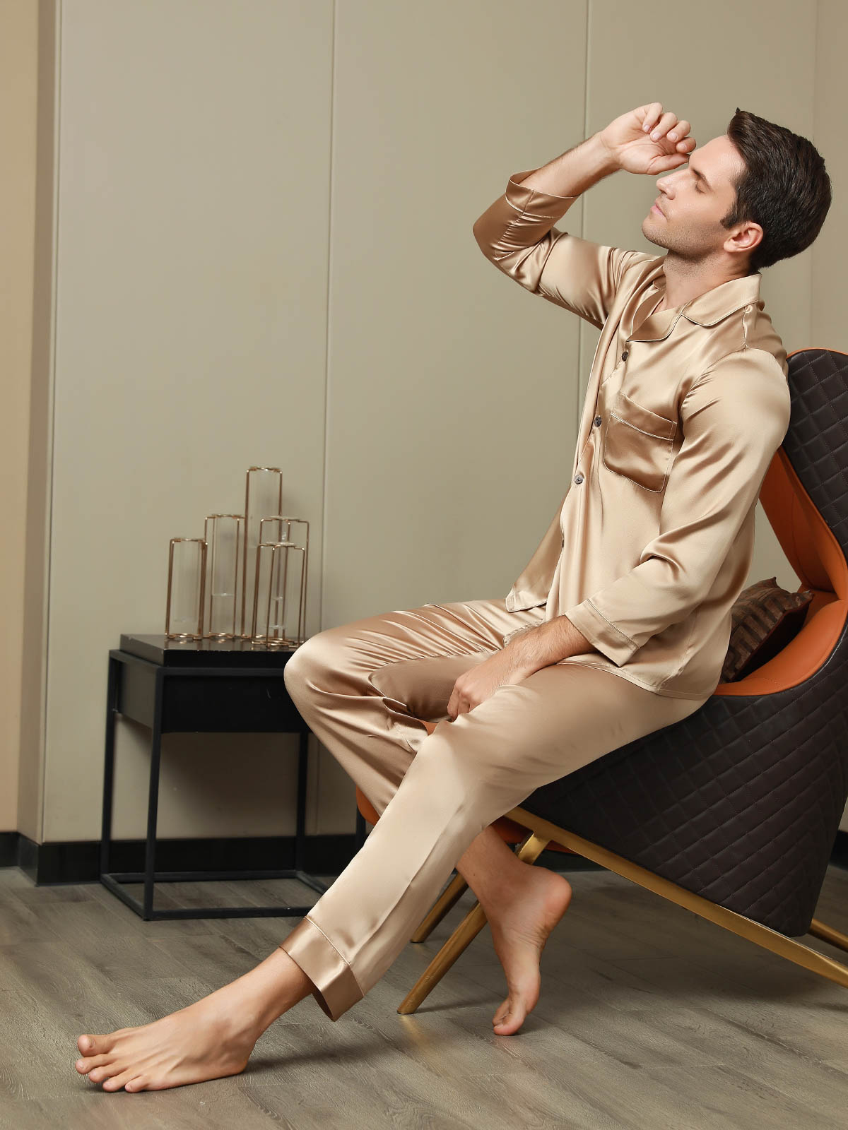 Pyjama à Revers en Pure Soie pour Hommes 2Pcs