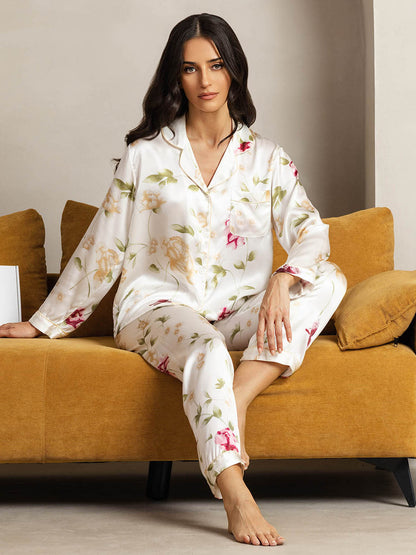 2-teiliges Damen-Pyjama-Set aus reiner Seide mit Paspelierung