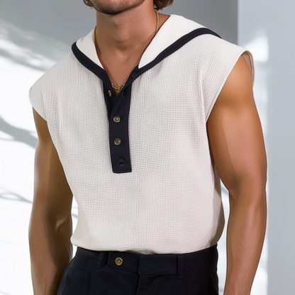 Mannen casual ademende wafelkleurenblok Henley kraag capuchon losse tanktop MTA2421F0M