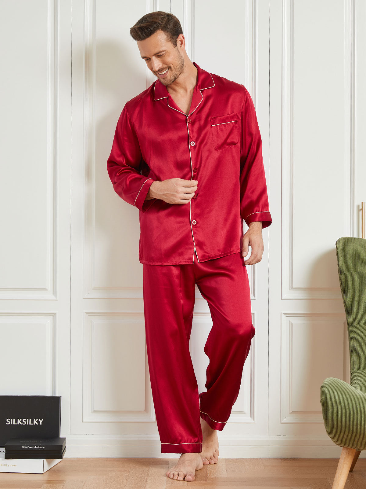 Ensemble Pyjama à Manches Longues à Revers pour Homme en Soie