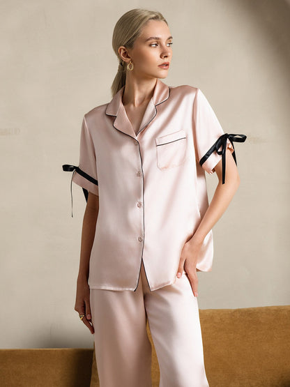 Pure Soie Courtes Manches Pantalon Pyjama Set