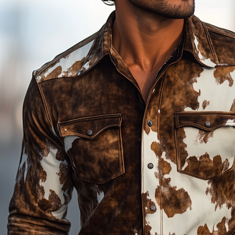 Herren Retro Casual Langarmhemd im Western-Stil mit Kuhfell-Print aus Wildleder und Reverskragen