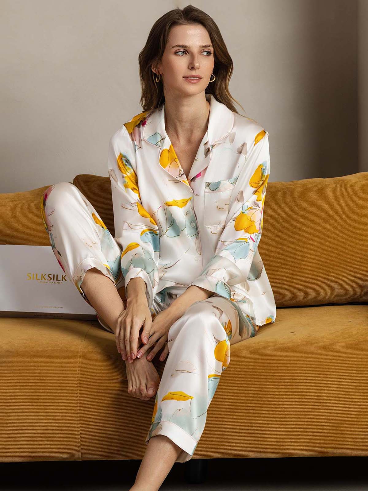 2-teiliges Damen-Pyjama-Set aus reiner Seide mit Paspelierung
