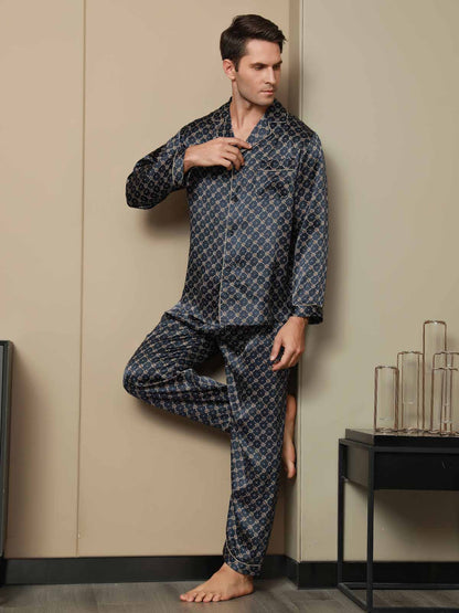 Pyjama en Pure Soie à Revers Imprimé pour Homme