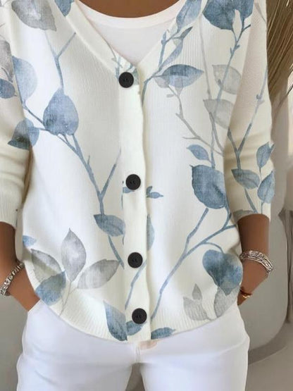 Dreamy V-Ausschnitt Langarm-Pullover mit Pflanzenmuster