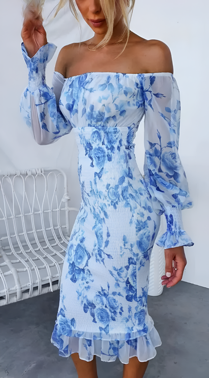 Nadia - Floral Off-Shoulder Kleid mit geraffter Taille Midi