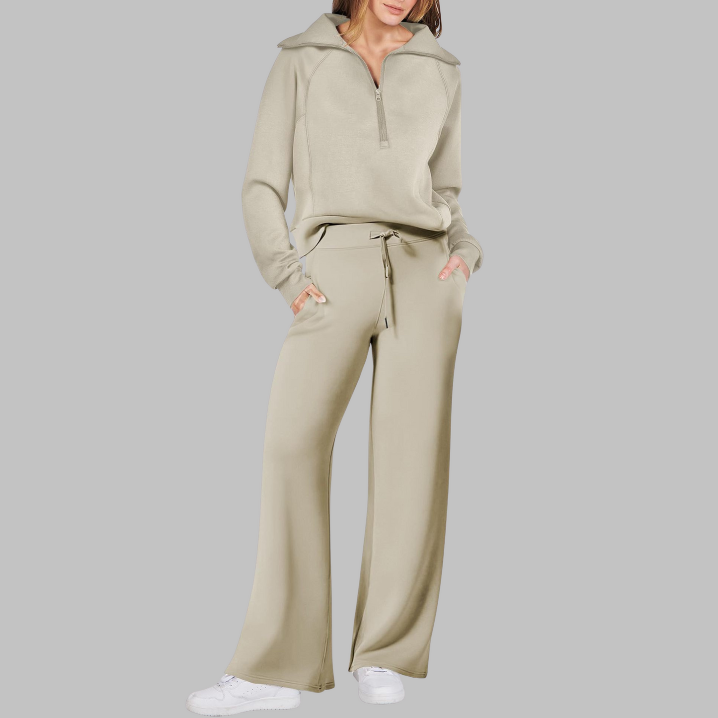Fleur - Comfortabele halve ritssluiting sweatshirt en wijde broek set