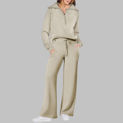 Fleur - Comfortabele halve ritssluiting sweatshirt en wijde broek set