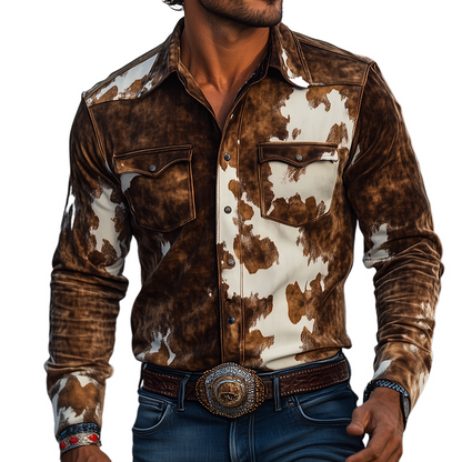 Herren Retro Casual Langarmhemd im Western-Stil mit Kuhfell-Print aus Wildleder und Reverskragen