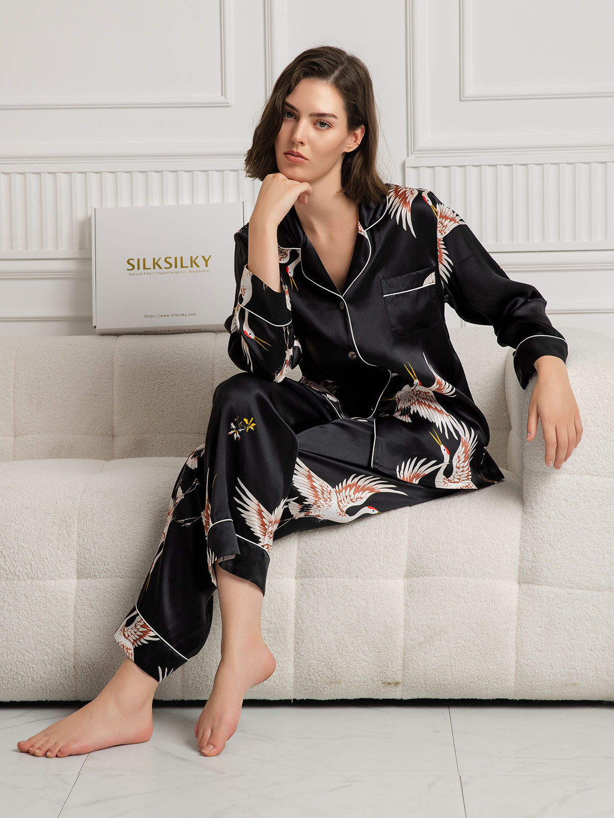 19Momme Ensemble Pyjama Complet à Imprimé Grue en Soie 100% Murier pour Femme