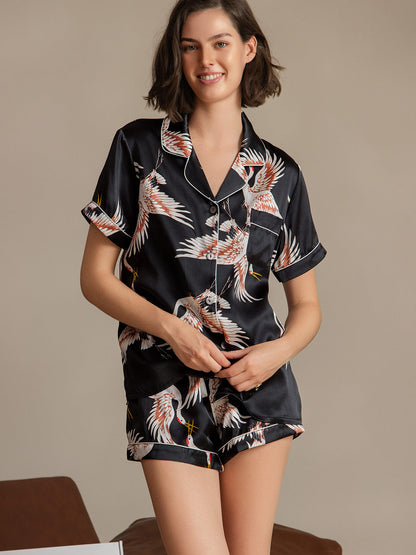 19MommeEnsemble Pyjama Court à Manches Courtes en Soie avec Imprimé Crane pour Femme