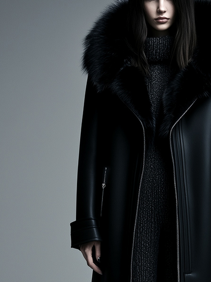Dames trenchcoat van imitatieleer met capuchon, warm gevoerd en met bontafwerking