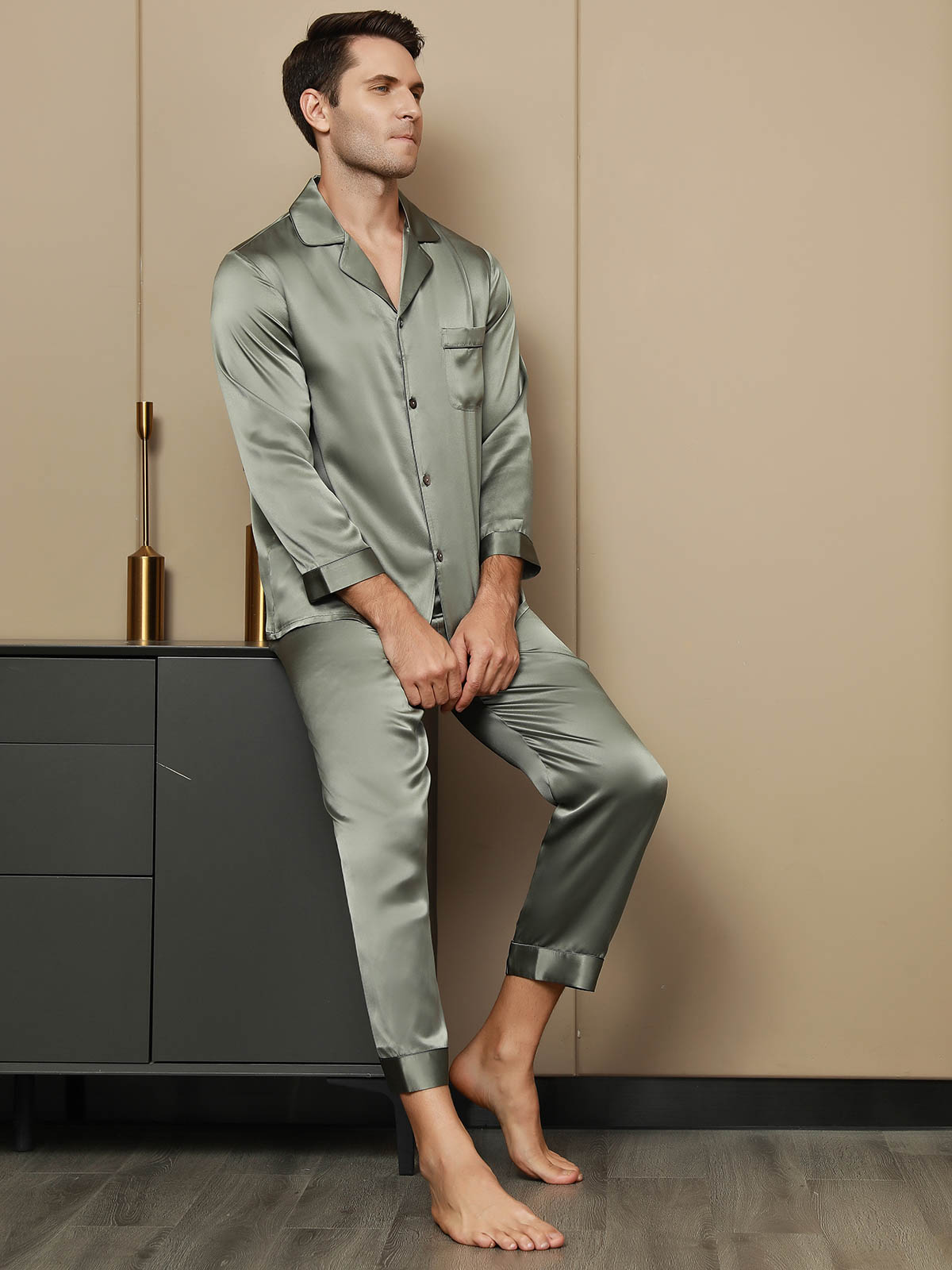 Pyjama à Revers en Pure Soie pour Hommes 2Pcs