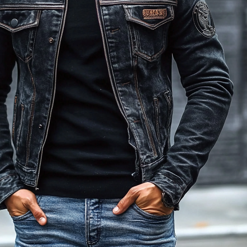 Herren Vintage Jeansjacke mit gewaschenem Baseballkragen und Slim-Fit-Passform