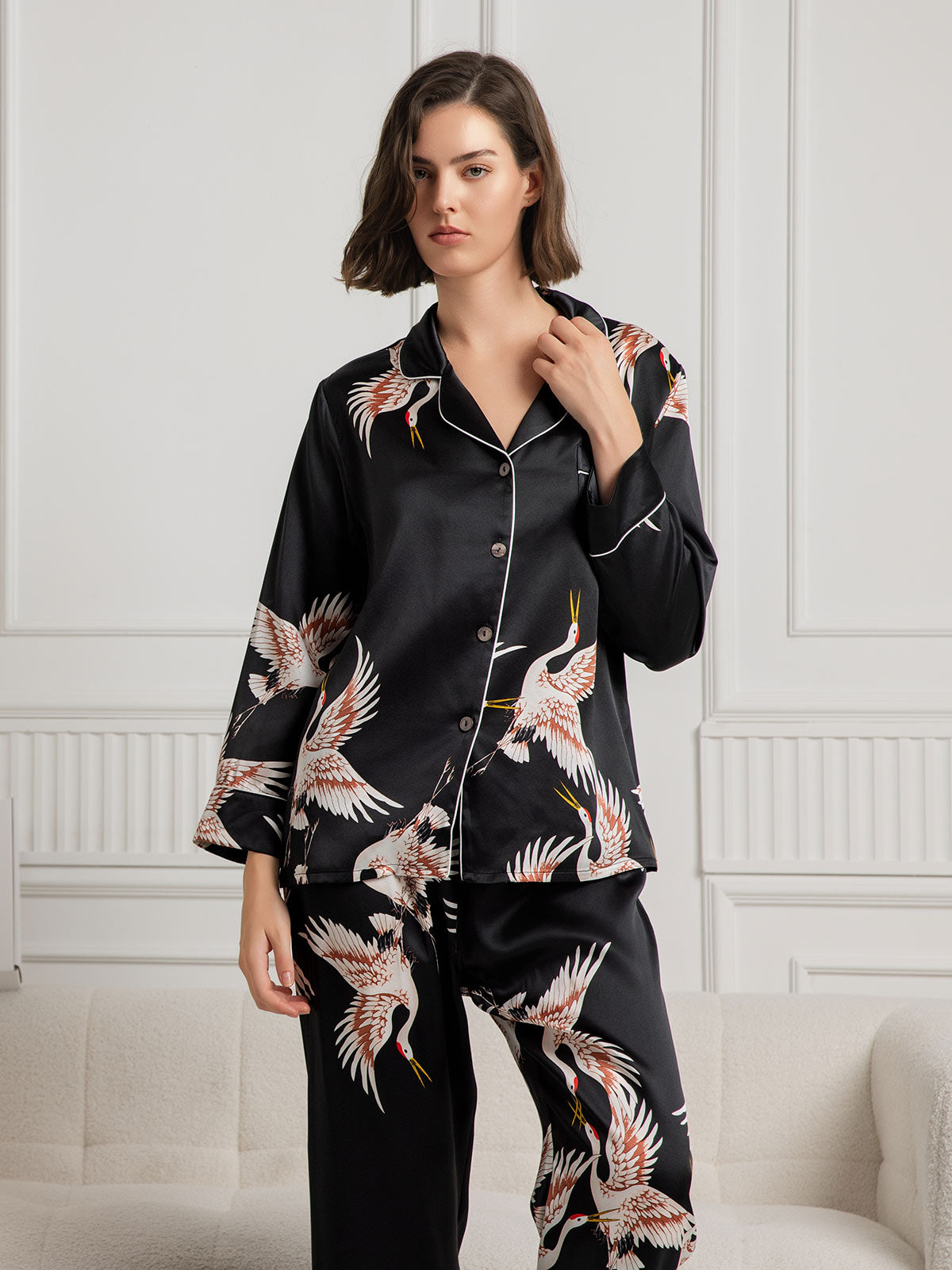 19Momme Ensemble Pyjama Complet à Imprimé Grue en Soie 100% Murier pour Femme