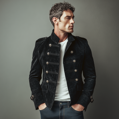 Heren Klassieke Retro Suède Jas met Opstaande Kraag, Dubbele Rij Knopen en Slim-Fit Pasvorm