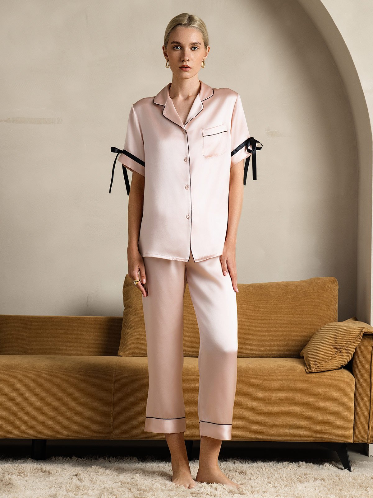 Pure Soie Courtes Manches Pantalon Pyjama Set