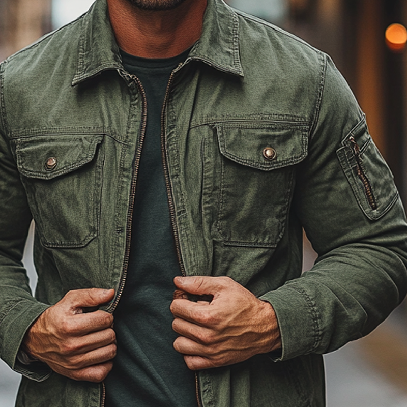 Herren Vintage Gewaschene Revers Jacke mit Reißverschluss