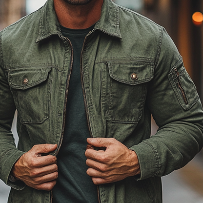 Herren Vintage Gewaschene Revers Jacke mit Reißverschluss
