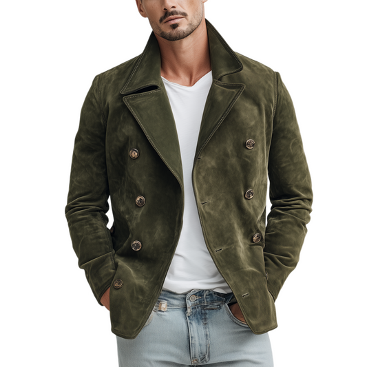 Herren Klassische Casual Wildlederjacke mit Reverskragen und doppelreihigem Verschluss