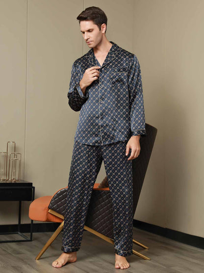 Pyjama en Pure Soie à Revers Imprimé pour Homme