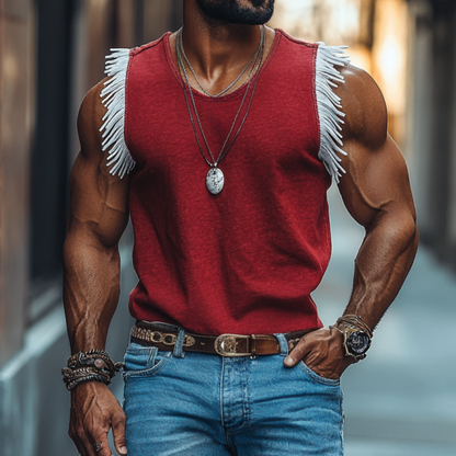 Heren Casual Ademende Katoenen Ronde Hals Contrastkleur Kwastje Losse Tanktop MTA21114E8M