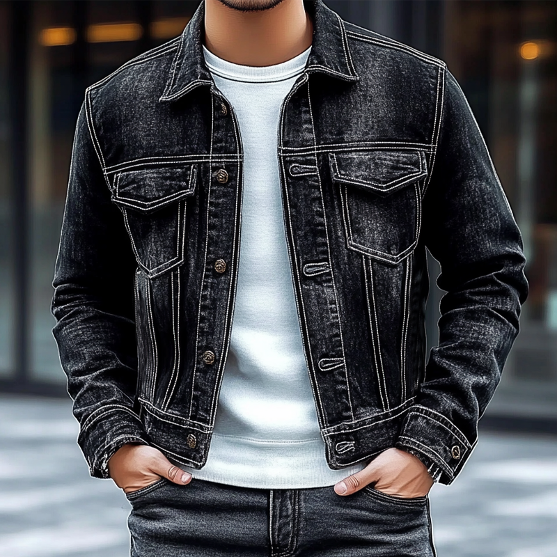 Herren Vintage Jeansjacke mit Waschung, Used-Effekten und Reverskragen