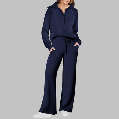 Fleur - Comfortabele halve ritssluiting sweatshirt en wijde broek set
