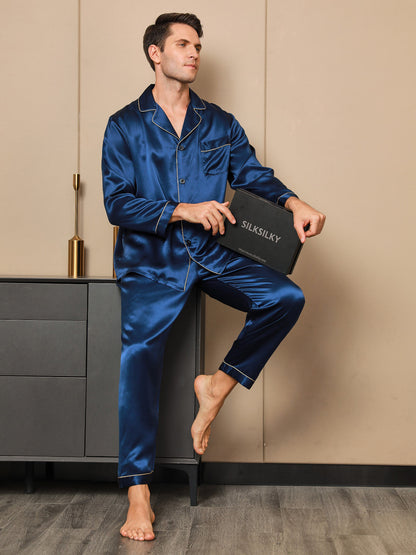 Luxe zijden pyjamaset voor heren met revers, 2-delig