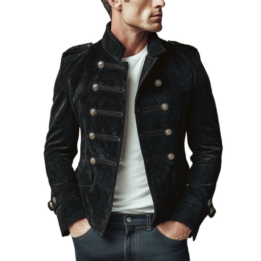 Herren Klassische Retro Wildlederjacke mit Stehkragen, doppelreihigem Verschluss und Slim-Fit-Passform