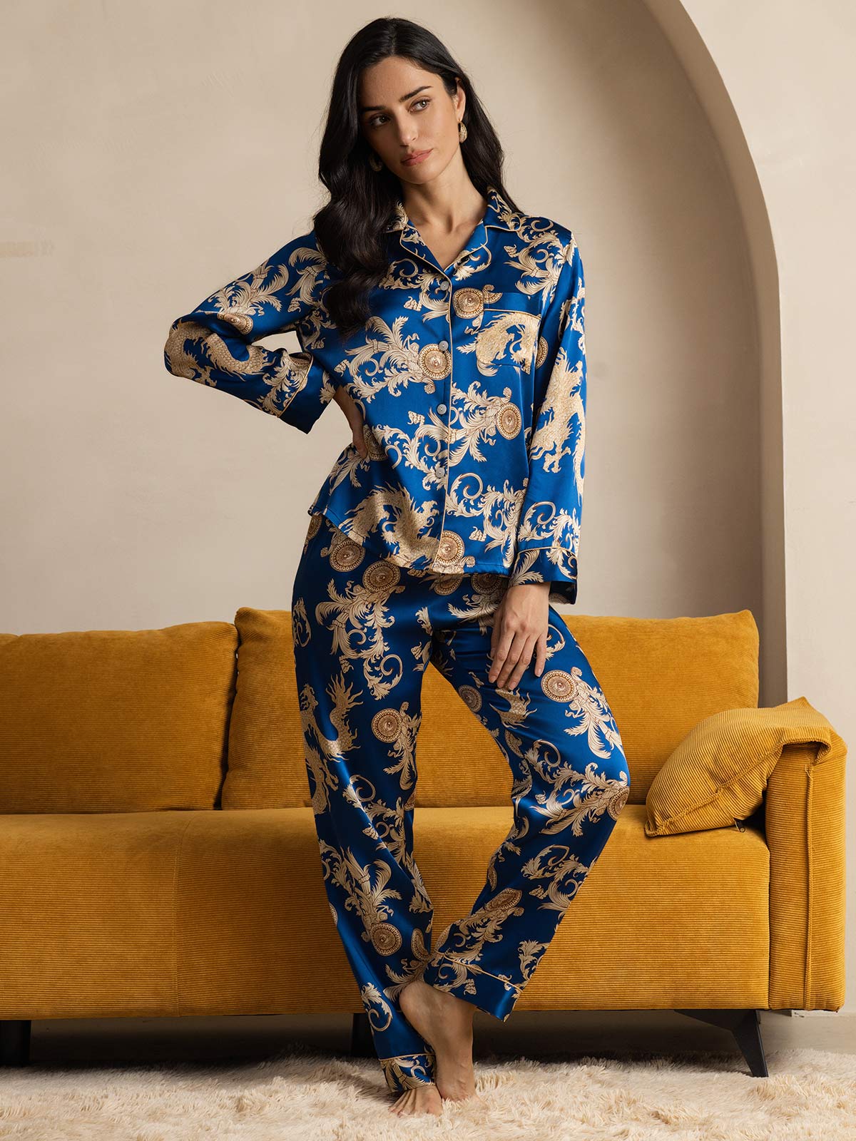 Ensemble de Pyjama à Manches Longues en Soie Pure Imprimé Dragon