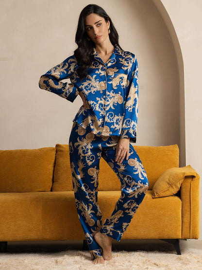 Ensemble de Pyjama à Manches Longues en Soie Pure Imprimé Dragon
