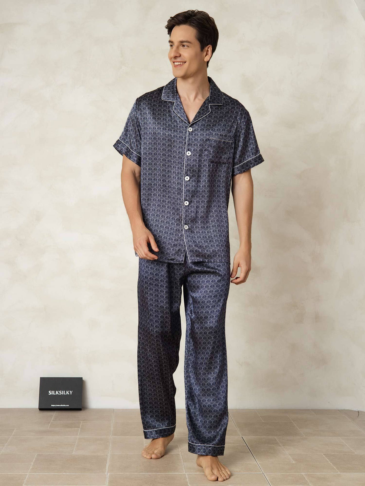 Homme Pyjamas Pure Soie Géométrique Long 2 Pièces