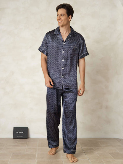 Homme Pyjamas Pure Soie Géométrique Long 2 Pièces