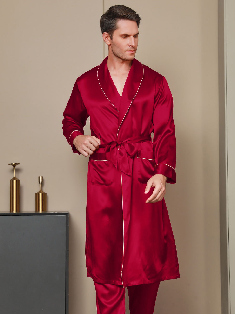 Peignoir Ceinturée à Col Revers En Pure Soie (Sans Pantalon)