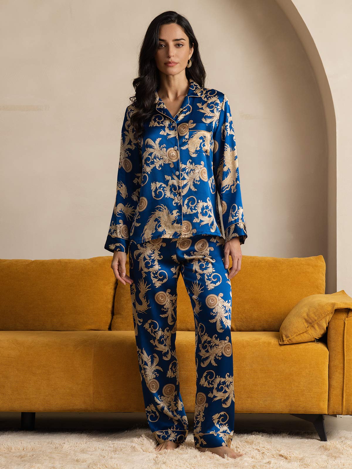 Ensemble de Pyjama à Manches Longues en Soie Pure Imprimé Dragon