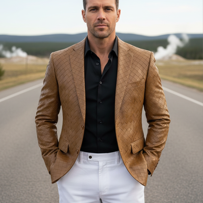 Herren Klassischer Retro Karomuster PU-Leder Slim Fit Einreihiger Blazer
