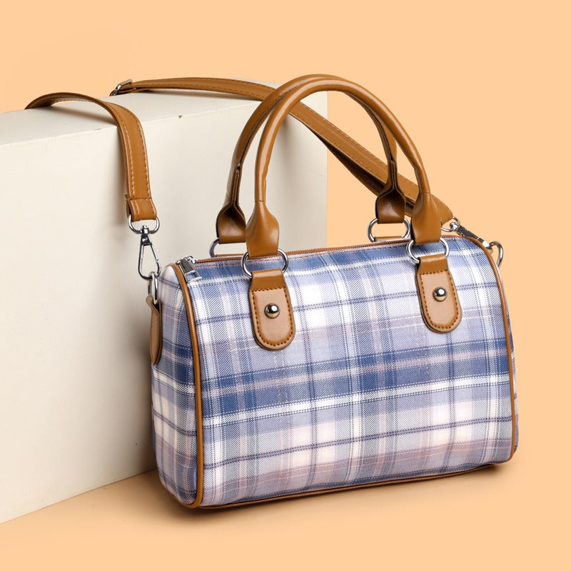 Dames schoudertas met tartanprint en contrasterende handvatten - Milena