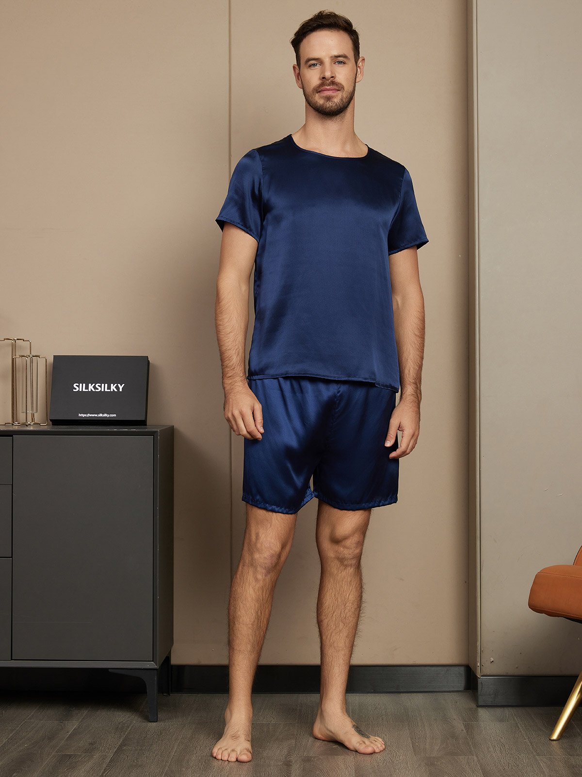 Casual pyjamaset voor heren, van pure zijde, met korte mouwen