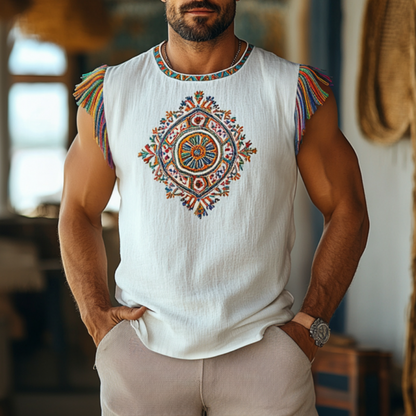 Mannen Boheemse Geborduurde Kwast Katoen Linnen Ronde Hals Slim Fit Tanktop MTA2915E4M