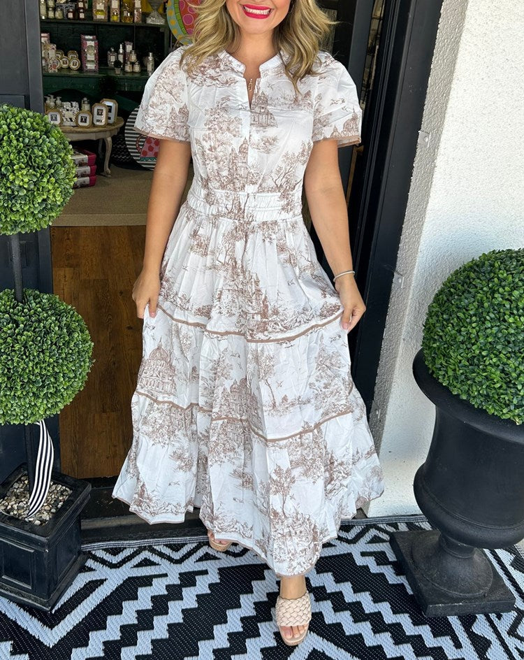 Alexia™ – Vintage Toile Print Maxi Jurk voor Moeiteloze Elegantie