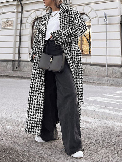 Oversized pied-de-poule tweed trenchcoat