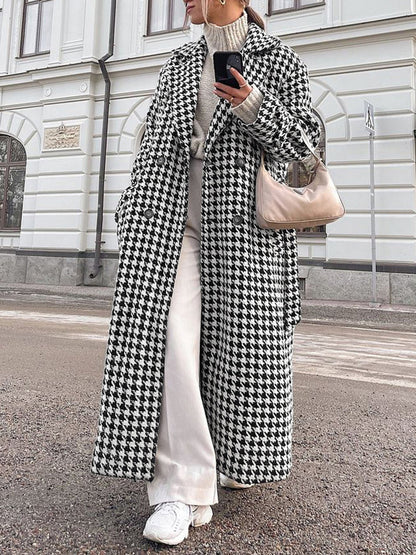 Oversized pied-de-poule tweed trenchcoat
