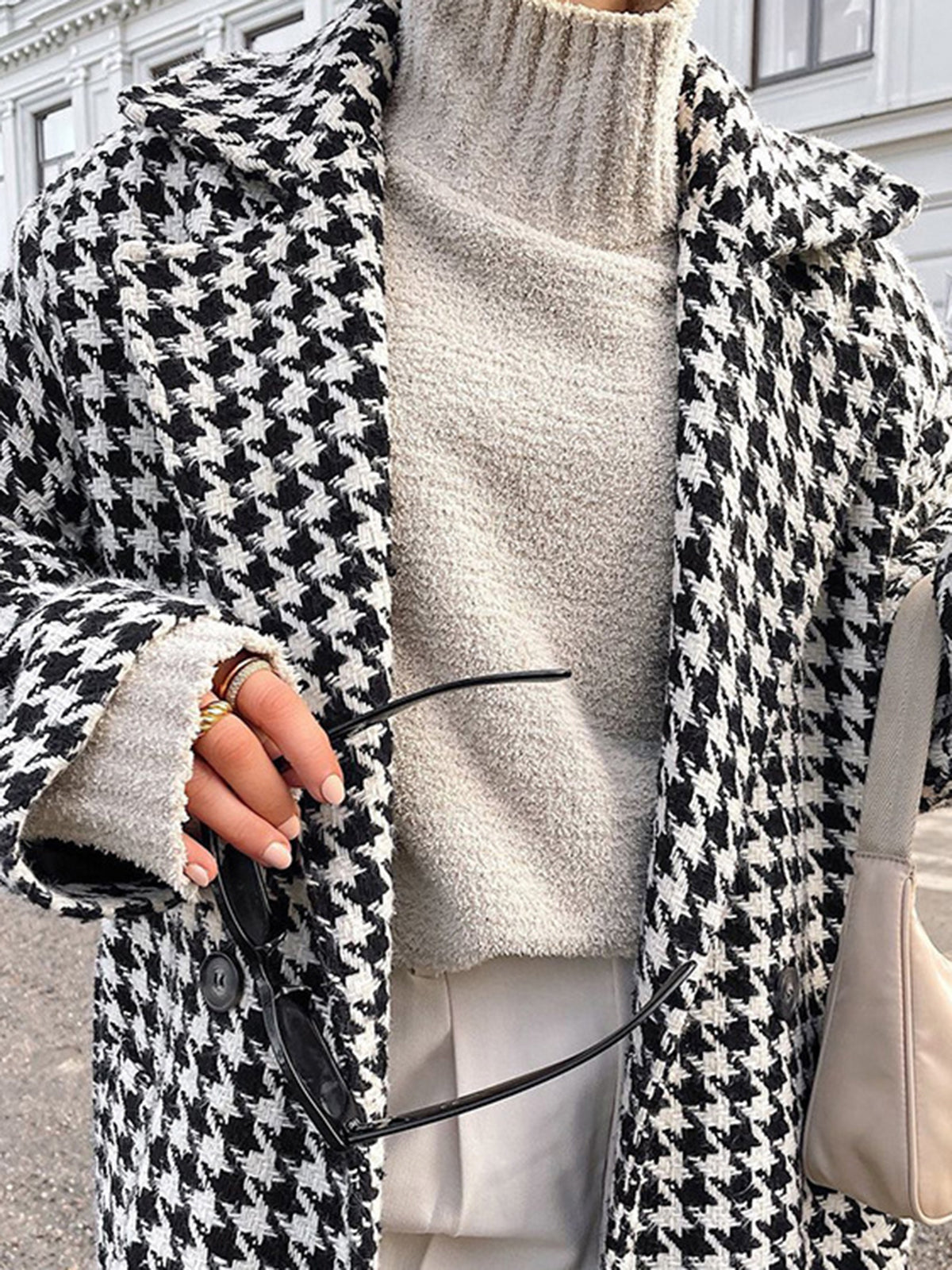 Oversized pied-de-poule tweed trenchcoat