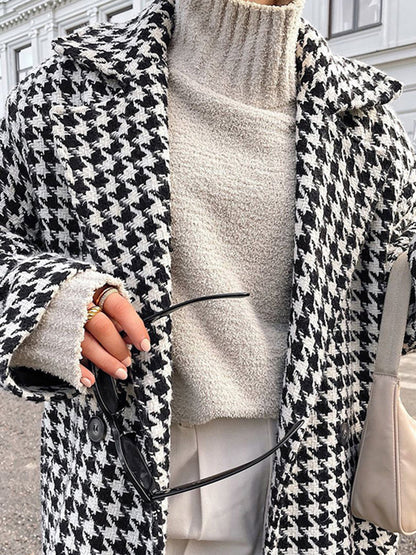 Oversized pied-de-poule tweed trenchcoat